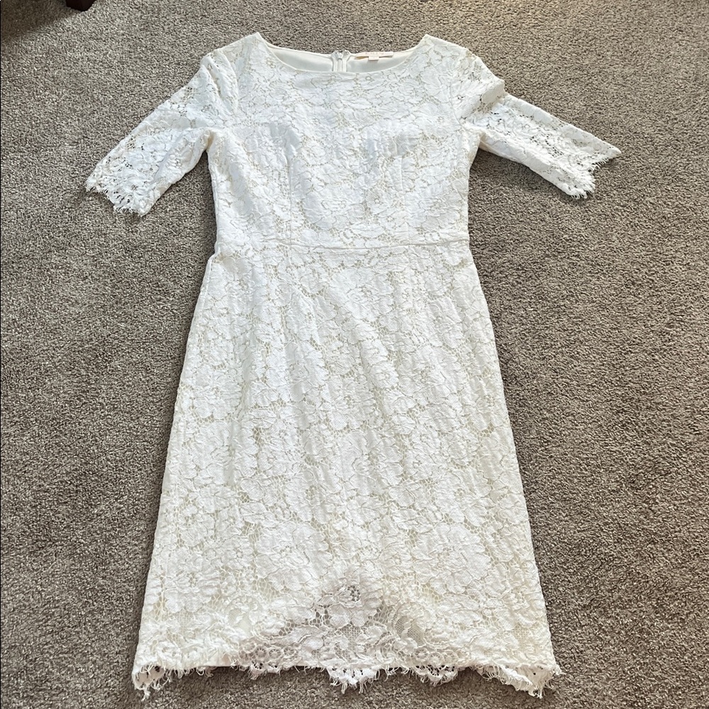 Erin Fetherston off-white lace eyelash 3/4 sleeve dress sz6 scallop hem dress